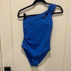 Trina Turk, beautiful blue off the shoulder swimsuit